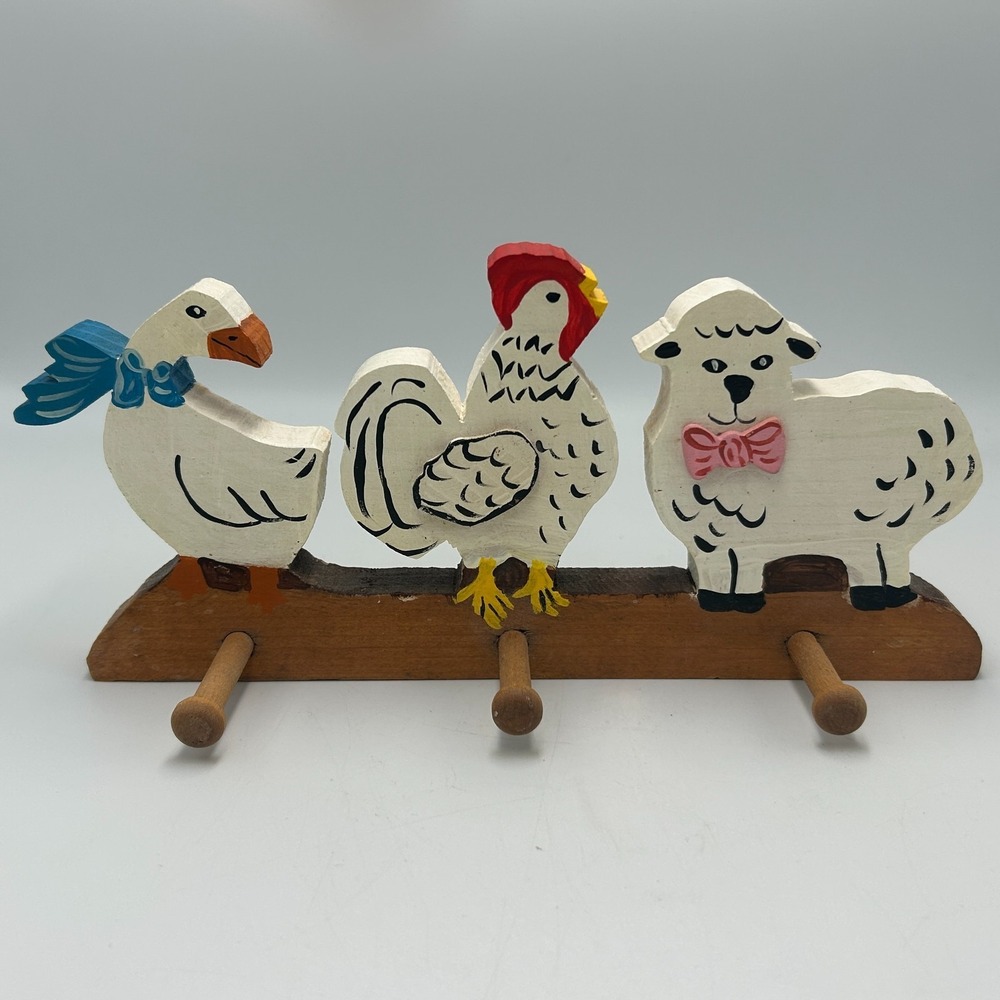 Vintage 80s/90s Country Geese Duck Goose Rooster Cottage Wood Wall Hanger Pegs